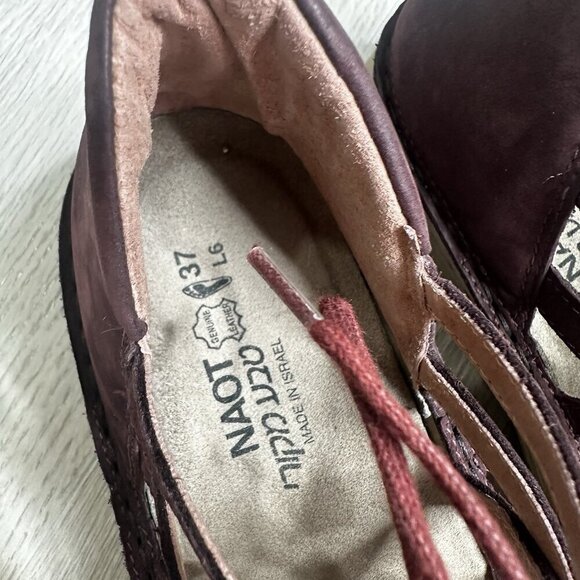 NAOT Yarrow Leather Ghillie Lace-Up Wedge Sandals Burgundy Women EU 37 US 6 - Picture 4 of 8